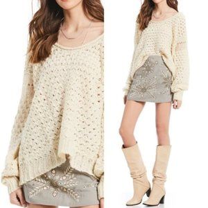 Free People Crashing Waves Ivory Cream Pullover Wool Blend Chunky Knit Sweater